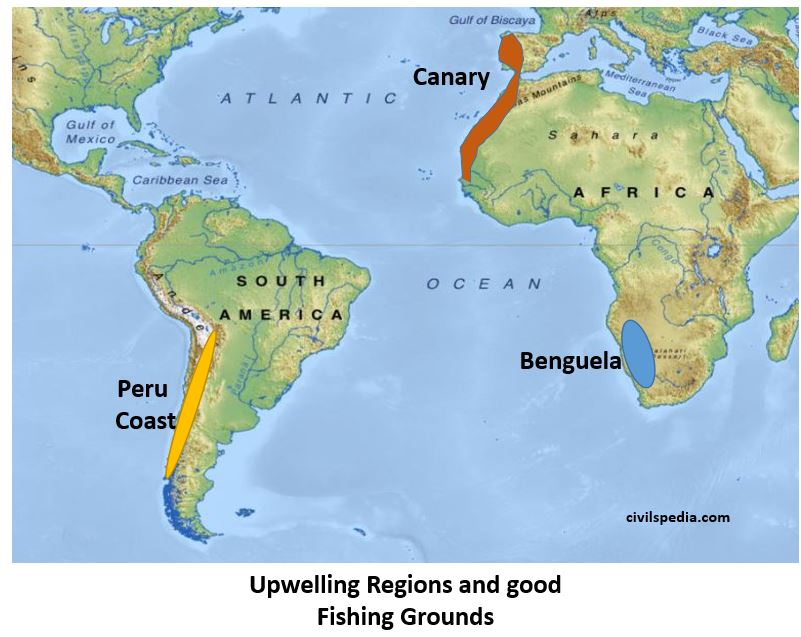 Upwelling regions with good fishing grounds