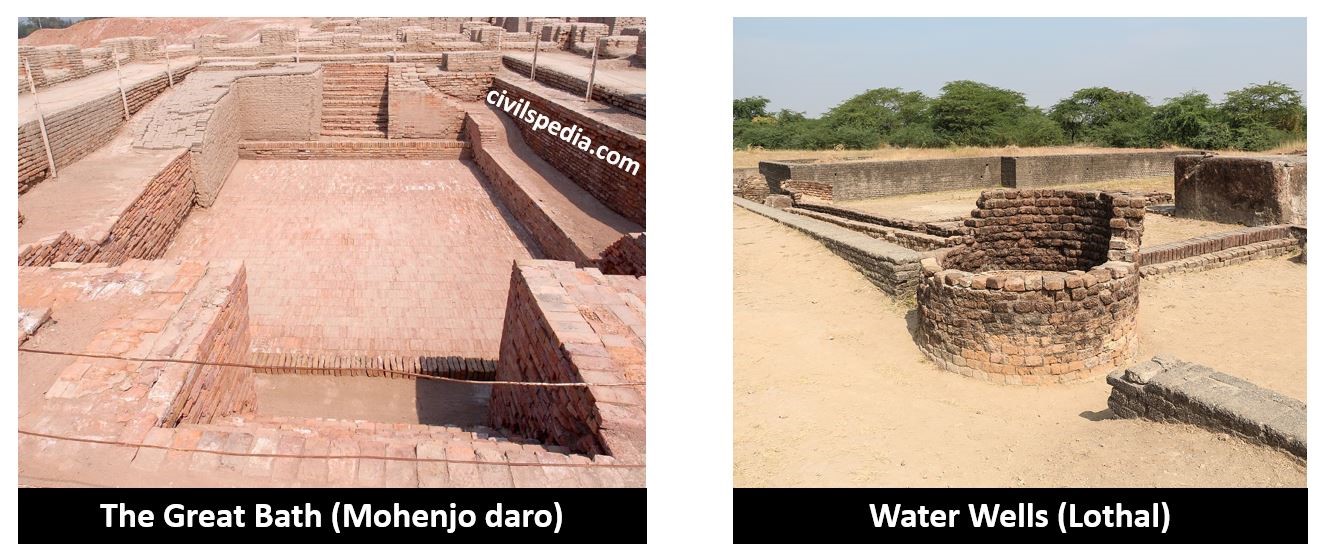 The Great Bath (Mohenjo daro) 
Water Wells (Lothal) 