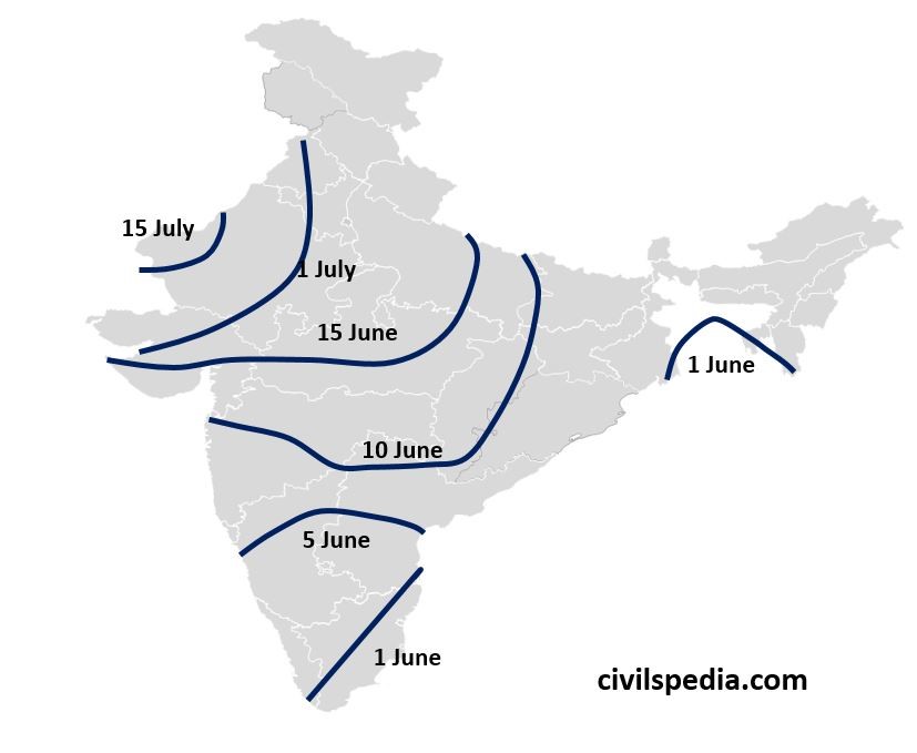 Dates when South West Monsoon hits various regions
