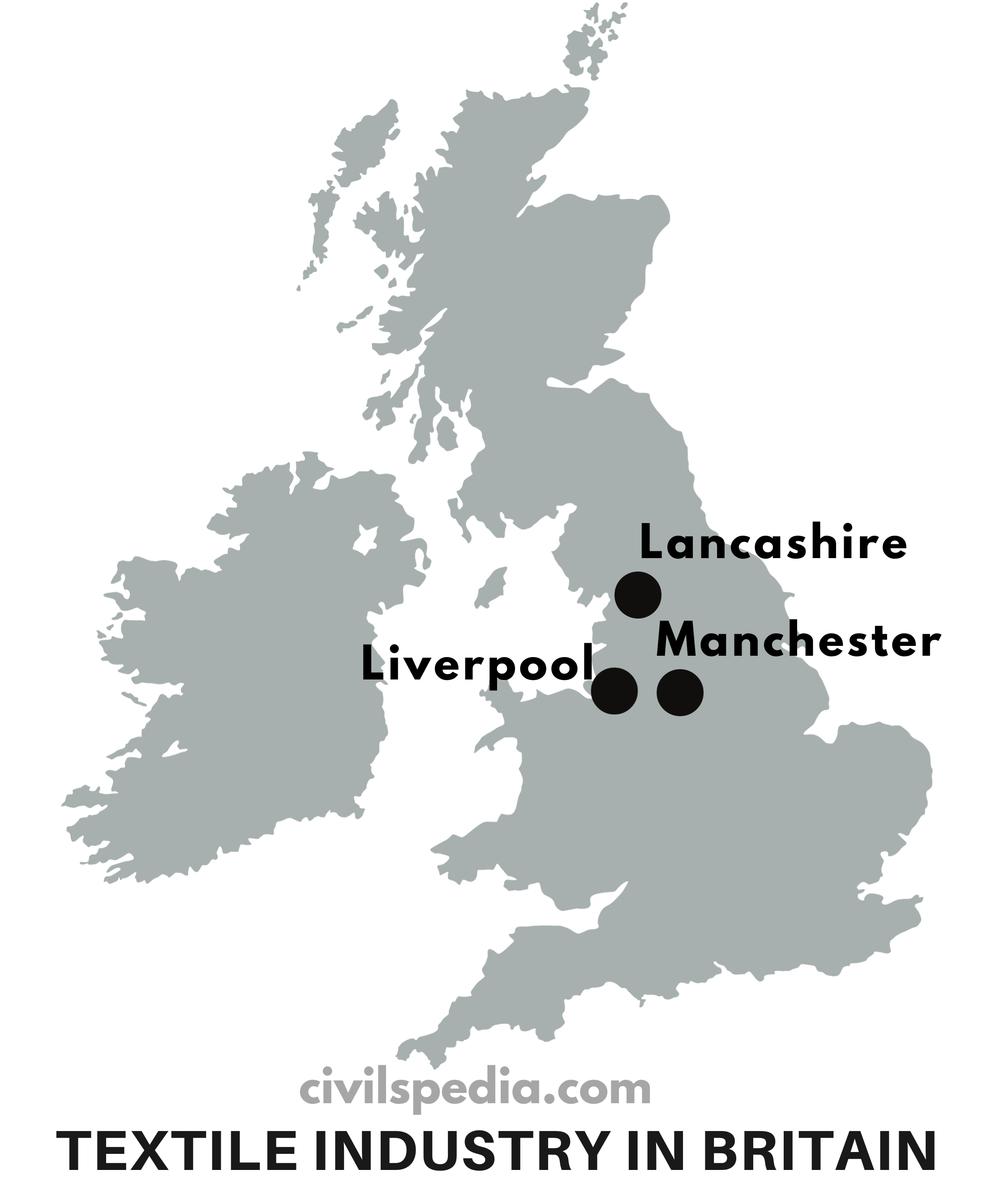Lancashire 
Manchester 
iver ool 
civilspedia.com 
TEXTILE INDUSTRY IN BRITAIN 